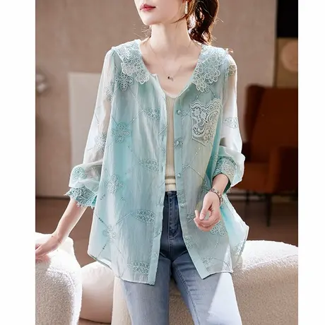 宝诗黎连帽蕾丝亮片拼接衬衫2025夏季韩系洋气休闲百搭防晒衬衣女商品大图