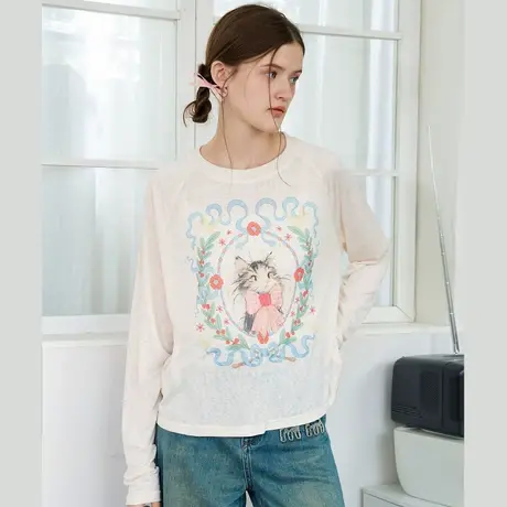 蝴蝶结水彩风格潮流宽松罩衫2025春季休闲圆领长袖女式T恤图片