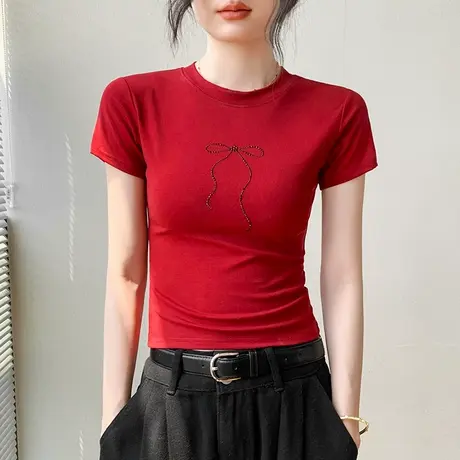 蝴蝶结烫钻圆领正肩短袖T恤女2025夏季修身莱赛尔天丝气质上衣女图片
