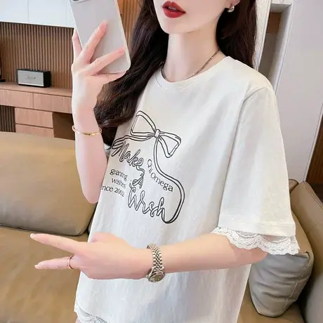 蕾丝花边短袖t恤女2025新款夏季韩版宽松大码蝴蝶结假两件上衣服商品大图