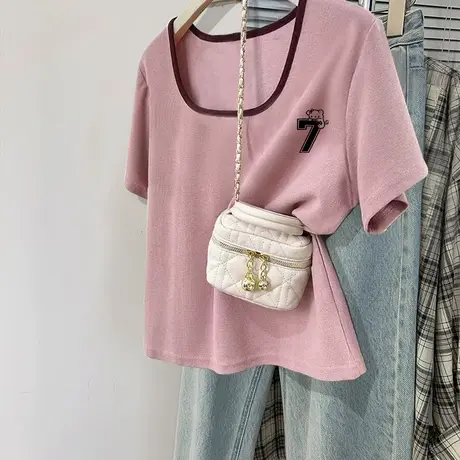 美式高街减龄粉色正肩女t恤ins潮u领短袖女夏天巨好看的气质上衣图片