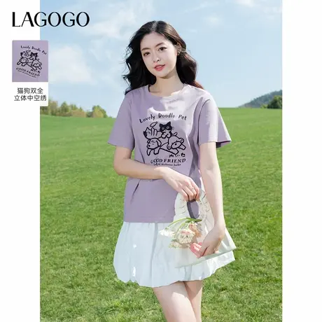 凉感新疆棉LAGOGO紫色涂鸦T恤女拉谷谷2025夏季新款减龄短袖上衣商品大图