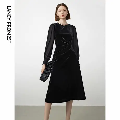 朗姿法式丝绒复古气质裙子女2023年秋季新款高级感显瘦长袖连衣裙商品大图
