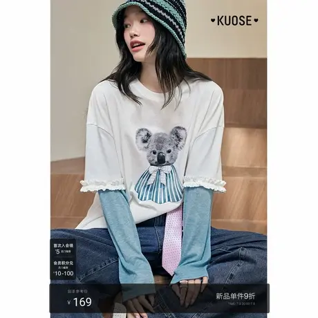 阔色白色考拉印花假两件上衣蓝女25夏季新款宽松木耳边长袖t恤秋图片