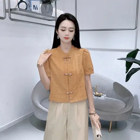 拉夏贝尔新中式蕾丝衫女短袖2025夏季新款国风盘扣上衣服洋气小衫图片