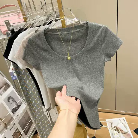 欧货短袖t恤女ins潮夏季新款洋气露锁骨心机短款上衣半袖体恤商品大图