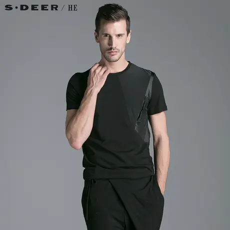 S.Deer/He【惠】 圣迪奥纯色拼接男士短袖T恤H14270165图片