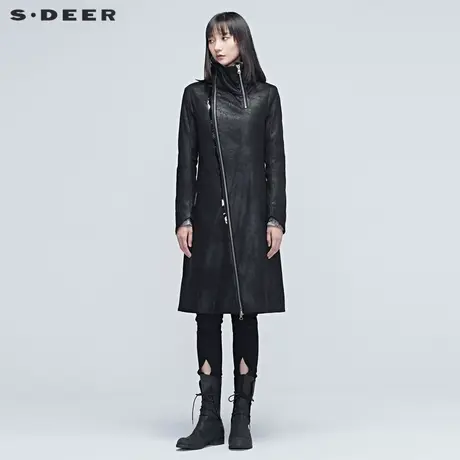 sdeer圣迪奥女装春装斜襟肌理拼接立领拉链字母长款外套S20381810图片