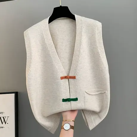 早春季纯色短款宽松搭配衬衫新中式国风款马甲女盘扣针织开衫马夹商品大图