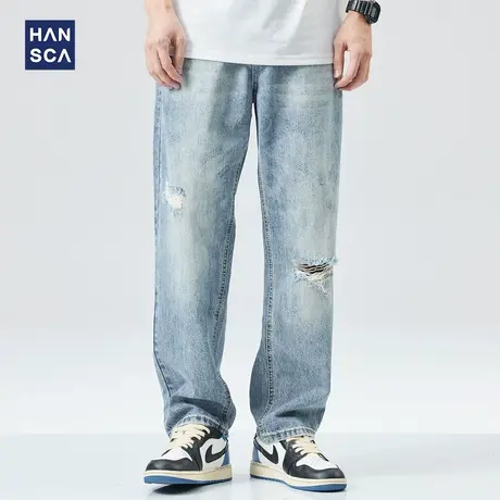 hansca美式复古水洗破洞牛仔裤男夏季宽松大码直筒阔腿痞帅长裤子图片
