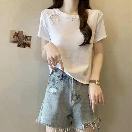 小个子短款短袖T恤女夏季百搭修身打底衫 新中式国风盘扣半袖上衣图片