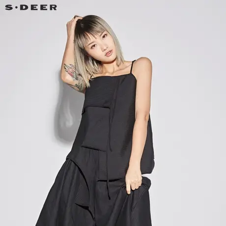 sdeer圣迪奥新款肌理搭片不规则摆飘带短款吊带衫S18281503图片
