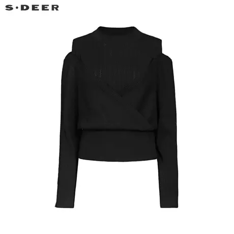 sdeer圣迪奥女装罗纹圆领露肩交叉拼接针织衫S233Z3511图片
