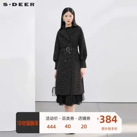 sdeer圣迪奥女装复古格纹西装领收腰毛呢大衣S22482507图片