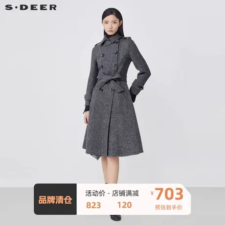 sdeer圣迪奥女装翻领条纹双排扣收腰毛呢长款大衣S21481838🙈商品大图