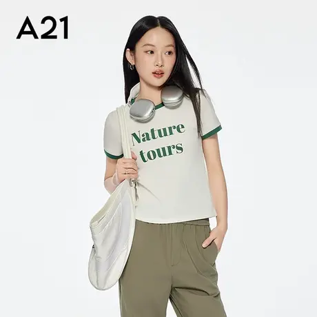 A21女装四色可选短T恤简约设计感撞色圆领印花字母上衣图片