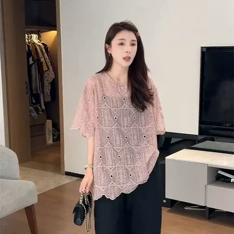 粉色钩花镂空蕾丝衬衫女夏短袖新款法式慵懒风宽松百搭中长款上衣图片