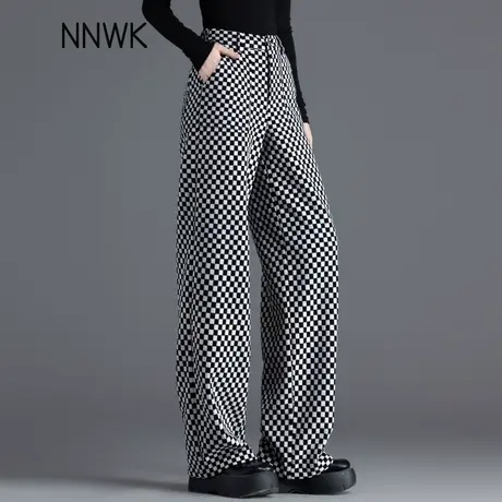 雪尼尔裤子黑白格阔腿裤女2025新款春秋加厚宽松直筒裤休闲糯米裤图片
