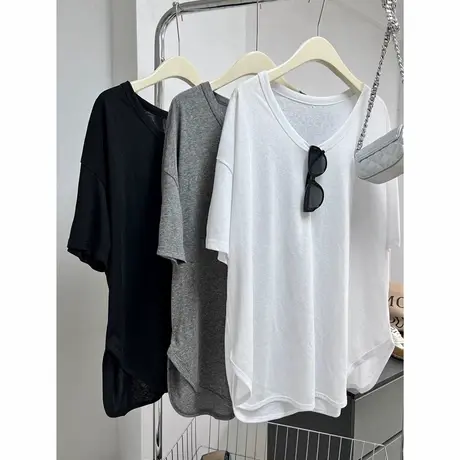 大U领纯色净版短袖T恤女夏季弧形下摆上衣宽松大版雪花棉透气衣服商品大图