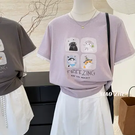 卡通印花拼接假两件宽松短袖t恤女夏季韩国时尚洋气百搭正肩上衣商品大图