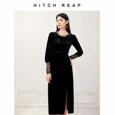 希区瑞普新款高端丝绒连衣裙黑色春秋中长款长袖法式开叉收腰气质商品大图