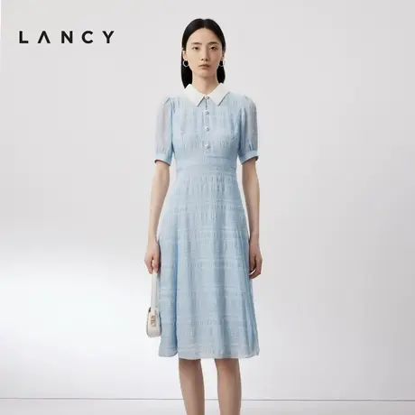 LANCY/朗姿24夏新款水蓝POLO领泡泡袖收腰连衣裙优雅A字裙子女图片