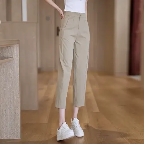 卡其色休闲小脚哈伦裤女2025夏季薄款小个子九分裤高腰显瘦西装裤商品大图