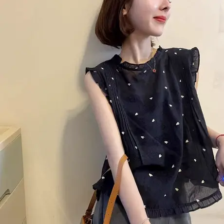 欧货时尚圆领爱心刺绣木耳花边无袖衬衫女2025夏显瘦百搭减龄上衣商品大图