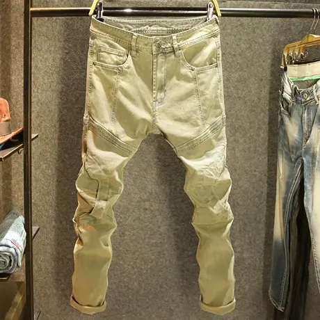2025新款黄泥色工装牛仔裤男时尚拼接机能长裤舒适百搭修身小脚裤图片