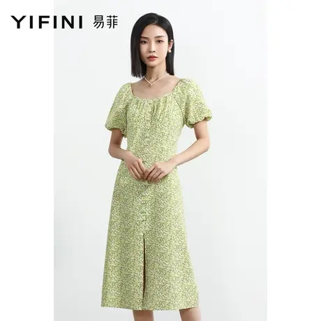 Yifini/易菲法式方领泡泡短袖中长款印花连衣裙女2023夏季新款图片