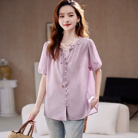 宝诗黎V领系带宽松短袖衬衫2025夏季韩系简约纯色百搭气质衬衣女商品大图