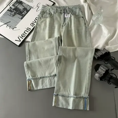 复古水洗翻边高腰牛仔裤女2025春季新款显瘦百搭宽松窄版直筒裤子商品大图
