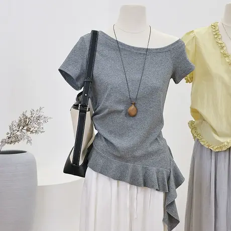 不规则荷叶边下摆露肩短袖t恤女夏季收腰显瘦洋气小众不撞款上衣商品大图