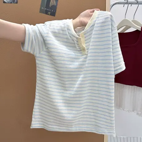 辣妹甜飒风条纹短袖T恤女夏季2025新款宽松打底衫内搭外穿上衣潮图片