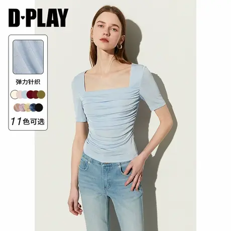 DPLAY夏新日常蓝色方领短袖蓝色抽褶设计弹力针织T恤上衣女商品大图