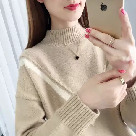 2025秋冬新款针织半高领套头毛衣打底衫洋气设计感上衣女宽松显瘦商品大图