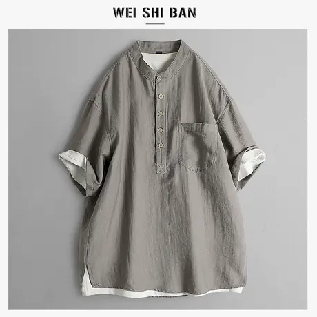 美式潮流立领亚麻衬衫男2025夏季宽松薄款透气新中式复古国风半袖商品大图