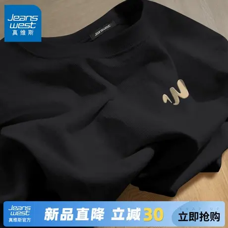 GV真维斯纯棉短袖男款夏季重磅圆领正肩半袖t恤男黑色宽松体恤衫A商品大图