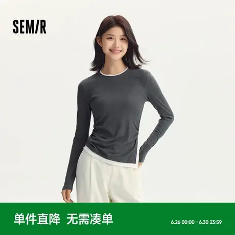 [商场同款]森马长袖T恤女收腰假两件不规则2024新款紧身开叉秋装图片