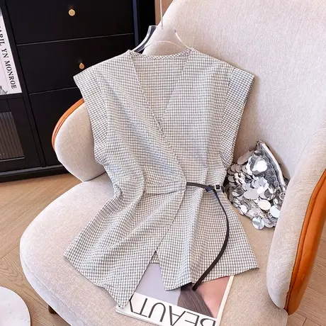 拉夏贝尔气质V领收腰格子衬衫女夏装新款韩版复古设计感无袖上衣商品大图