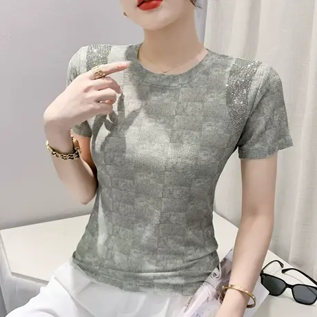 欧货设计感烫钻T恤短袖女2024新款时尚印花小衫百搭修身圆领上衣图片