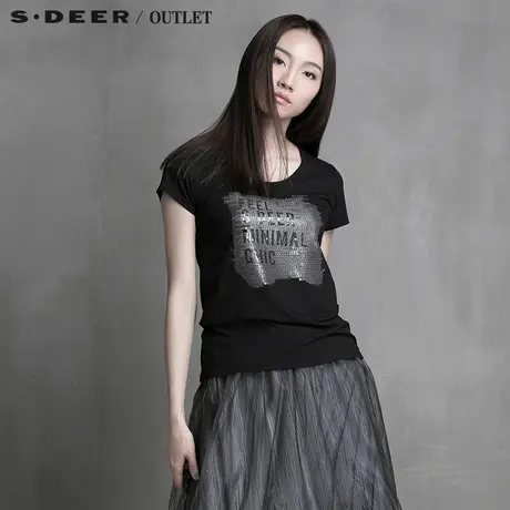 s.deer【新品】圣迪奥专柜正品细小波点亮片简约印花T恤S15280171图片