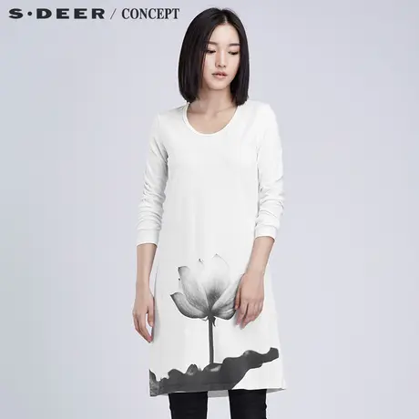 sdeer圣迪奥2018秋清雅水墨印花宽松长款大码T恤S16380230图片