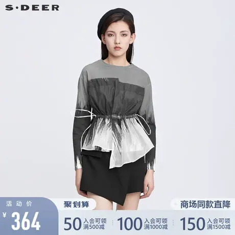 sdeer圣迪奥22春新品圆领收腰抽褶晕染雪纺拼接长袖T恤S22180204图片