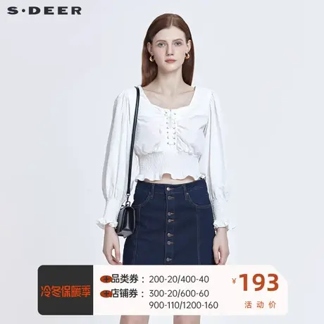 sdeer圣迪奥女装复古方领绑带收腰泡泡袖短款衬衫S22160511图片