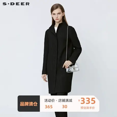 sdeer圣迪奥女装高级感时尚立领肌理褶皱黑色长款风衣S21481701图片