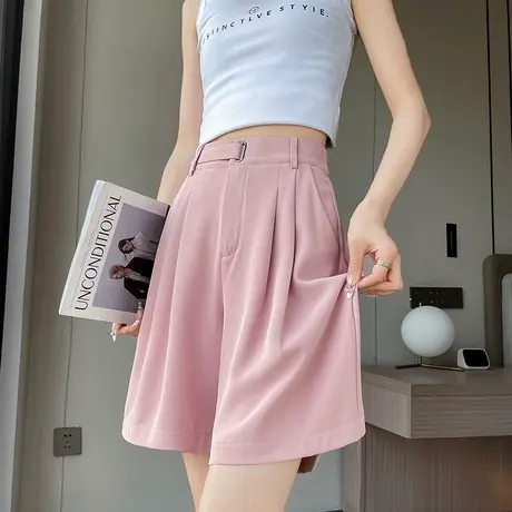 粉色冰丝西装短裤女夏季薄款高腰宽松显瘦雪纺垂感休闲阔腿五分裤商品大图