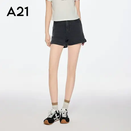 A21女装水洗黑灰牛仔短裤2025夏季新款简约百搭侧开叉宽松阔腿裤商品大图
