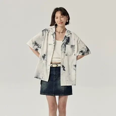 omont蛋挞家 复古晕染古巴领短袖衬衫夏季新小众设计感花衬衣商品大图