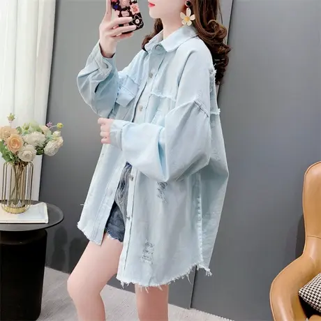 港味复古破洞牛仔衬衫女春季2024新款宽松洋气百搭设计感外套上衣图片